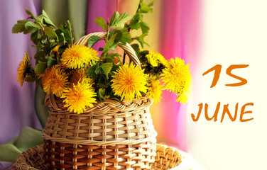 Calendar for June 15: a bouquet of dandelions on a multi-colored background, the numbers 15, the...