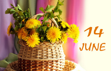 Calendar for June 14: a bouquet of dandelions on a multi-colored background, the numbers 14, the...