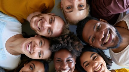 Circle of six diverse friends looking upwards and smiling. Overhead view of multicultural friendship and happiness. - Powered by Adobe