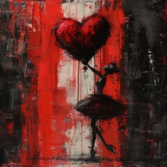 A ballerina's silhouette gracefully holds a vibrant red heart-shaped balloon against a dramatic backdrop of black, white, and red paint splatters, creating a powerful visual representation of love and