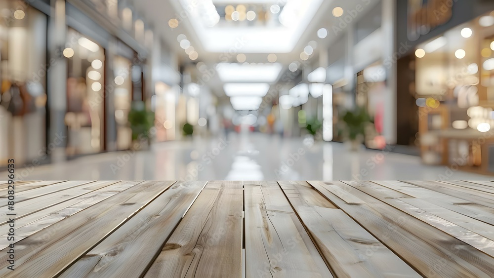 Poster blurred space mall shopping background with empty wooden display counter. concept blurred background