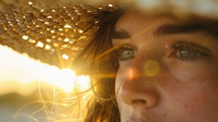 A closeup shot capturing the sun shining through a womans hat, highlighting her nose, eyebrows, eyelashes, and jaw. She looks happy and exudes beauty and fun with this fashion accessory AIG50