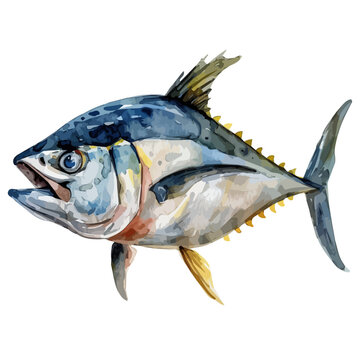 recommend clip art: Watercolor painting of a tuna fish, isolated on a white background, tuna vector, drawing clipart, Illustration Vector, Graphic Painting, design art, logo