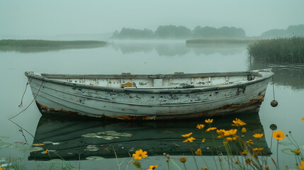   A small white boat floats on a yellow-covered lake shore during a foggy day