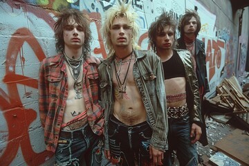 Obraz premium An edgy group of friends, adorned with tattoos and accessories, strike a pose in an urban setting, embodying grunge fashion aesthetics