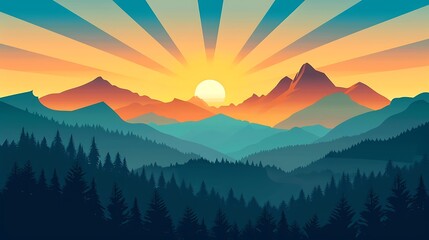 Obraz premium Sunrise over the mountains vector flat isolated vector style illustration