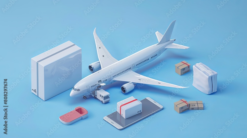 Poster 3d render illustration of a logistic application service concept, featuring a global logistics netwo