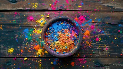 top veiw colorful holi powder in bowl on wooden table closeup on the table happy holi festival of colors art