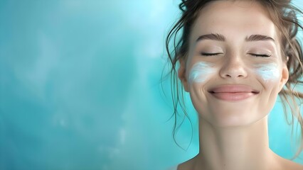 Happy woman with eyes closed and glowing skin in skincare ad mockup. Concept Skincare Ad Mockup, Glowing Skin, Happy Woman, Eyes Closed, Beauty Products