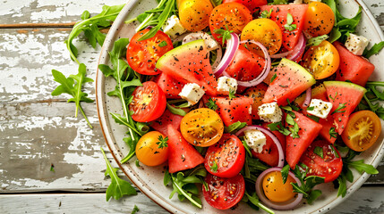 A plate of salad with a watermelon, tomatoes, feta, arugula and onions.