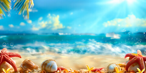 Summer beach scene with tropical flowers, plants, starfish and shells on the sand. Summer banner, copy space