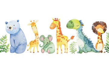 Obraz premium A group of animals including a bear, giraffe, elephant, and dinosaur