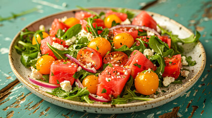 A plate of salad with a watermelon, tomatoes, feta, arugula and onions.