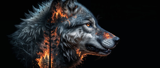 wolf with yellow eyes and flames on its fur, with half of its face and the right side of its body visible. The background is black, and there are trees on the right side of the wolf.
