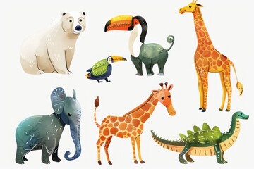 A set of animal drawings, including a giraffe, a polar bear, a bird, and a dinosaur