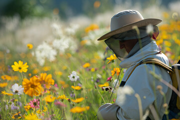 individual beekeeping among wildflowers in sunny weather