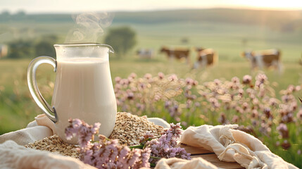 Milk in jug on background of summer landscape. In the background is pale green meadow with grazing cows. World Milk Day