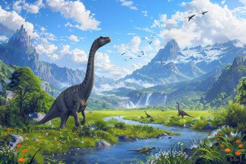 A realistic landscape of an ancient dinosaur world, brachiosauruses in the foreground with grasslands and mountains in the background, birds flying overhead, a river flowing