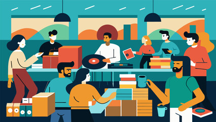 An old warehouse is transformed into a vinyl record fair where collectors can rummage through stacks of rare and vintage records while listening to Vector illustration