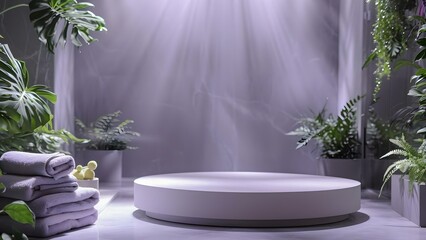 Empty round podium in a sustainable bathroom with plants and towels. Concept Sustainable Bathroom Design, Empty Round Podium, Green Plants, Towels, Eco-Friendly Interior