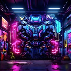 Neon-lit urban wall with abstract gear mecha graffiti