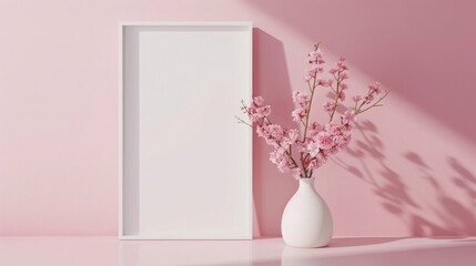 a blank white frame with a flower vase on a pink wall. front view blank mockup of photo frame and vase. realistic