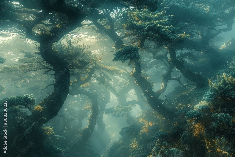 Poster a captivating forest scene with sunlight filtering through twisted trees and a magical atmosphere th