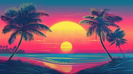 A tropical beach scene with a sunset in the background