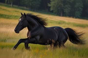 Obraz na płótnie Canvas Black friesian horse play on the meadow 