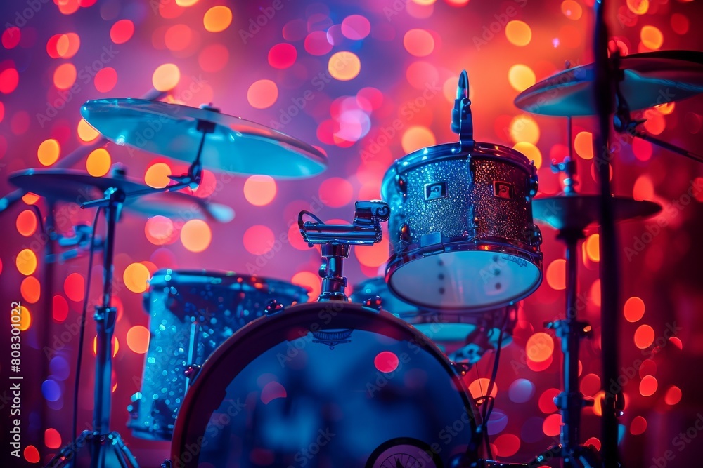 Poster a detailed image capturing the sparkling surface of a drum set with a bokeh background, highlighting