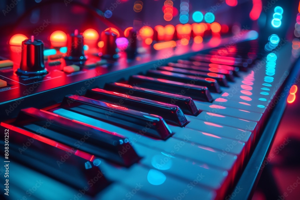 Poster a macro shot capturing the colors and reflections along the sleek keys of a lighted piano keyboard i