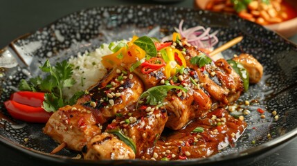 Fototapeta premium A Bruneian dish. Sati-ayam is a chicken kebab with sweet and sour peanut sauce.