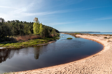 Fototapeta premium Vitrupe river mouth on sunny spring day