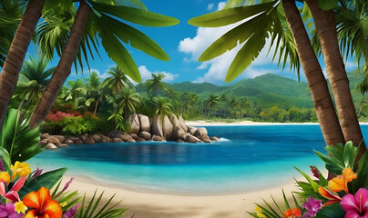 Fototapeta premium A beach in the tropics, with a backdrop of trees of shrub flowers