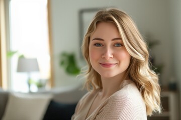 Portrait of a beautiful young woman with wavy blonde hair and soft natural makeup, smiling gently at the camera in a cozy, sunlit home environment