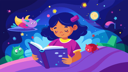 A little girl curled up in bed holding an augmented reality book close to her face her room coming alive with vibrant colors and interactive. Vector illustration