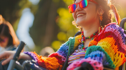 Happy disabled young girl in wheelchair wearing rainbow pride fashionable jumper cardigan outfit outdoors in nature. Candid young teenager with disability at LGBTQ  gay pride parade. Copy space - Powered by Adobe