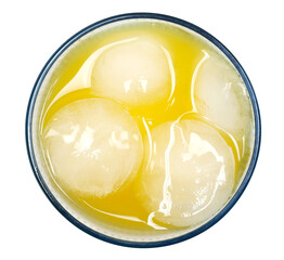 Orange soft drink isolated on white, top view, clipping path