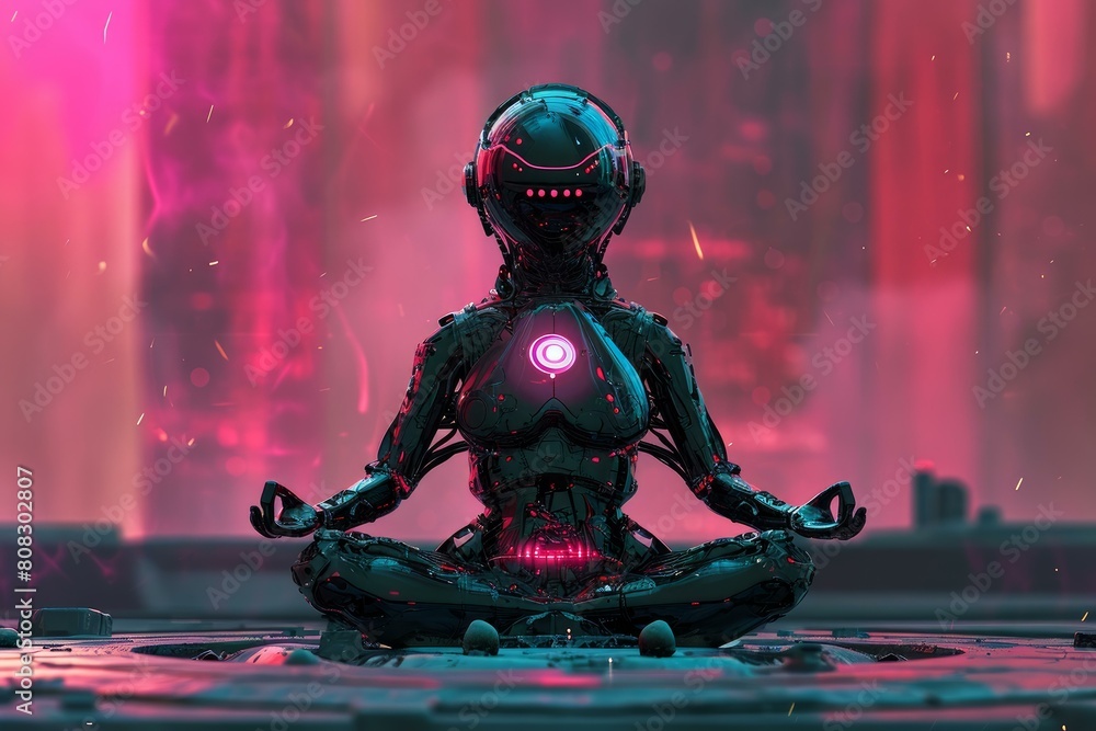 Poster unyielding robot android meditating. sexy ai. generate ai