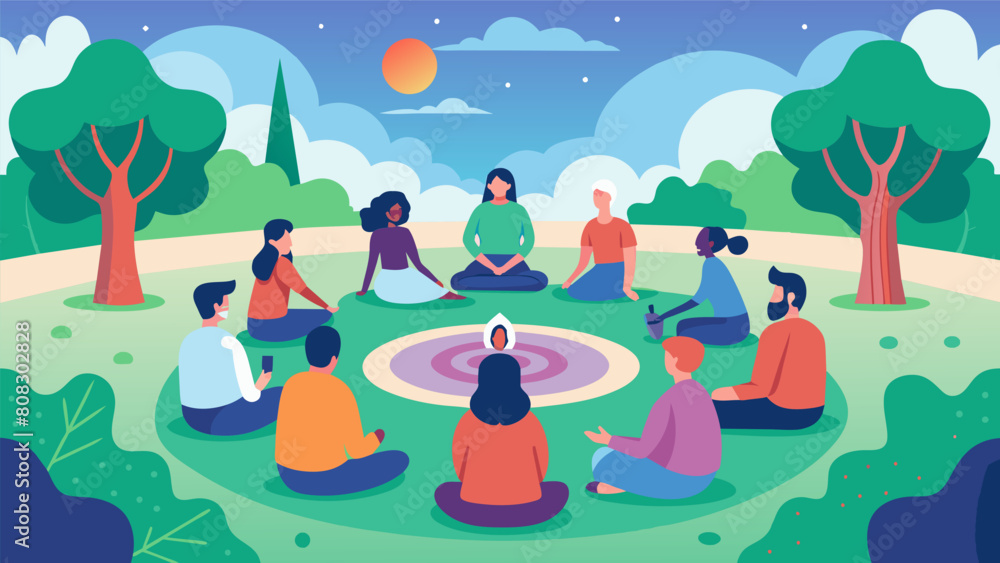 Poster a healing circle in a public park as the community comes together to share their personal insights a
