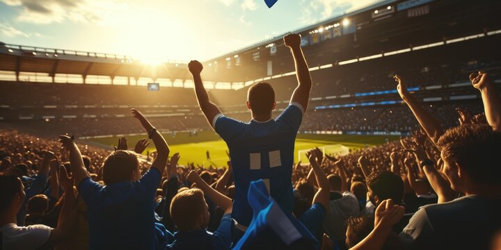 A crowd of fans at a competition event in a stadium, with arms in the air, sharing the fun and entertainment of watching a soccer game. AIG41