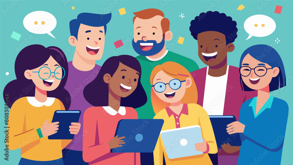 Poster a group of tech educators laughing and bonding over their shared love for technology while brainstor