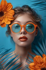 Fototapeta premium Woman Wearing Orange Glasses With Flowers in Her Hair