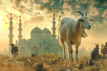 Qurban Goat for Eid al-Adha Mubarak Islamic Festival, with a Mosque in the Background, Eid Celebrations, Islamic event, Qurbani