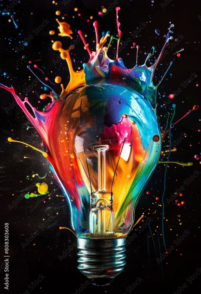 Poster light bulb with colorful paint splashing out of it