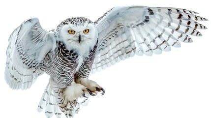 white owl in flight on white background
