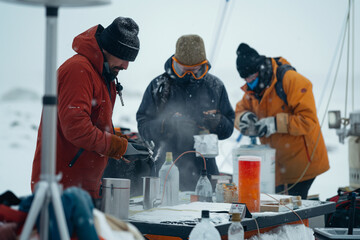 Arctic research team studying snow and ice patterns in a polar environment