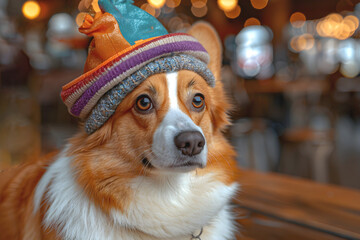 Welsh corgi dog wearing a hat in a cafe. International corgi day. Close up.