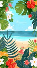 A simple flat template of summer beach with palm leaves and flowers, vibrant colors , colorful background, no shadows, simple design for kids book, minimalist style, vector art. Generated AI