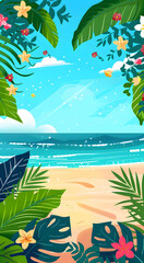 A simple flat template of summer beach with palm leaves and flowers, vibrant colors , colorful background, no shadows, simple design for kids book, minimalist style, vector art. Generated AI